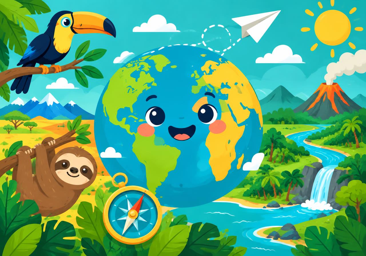 Globo terráqueo sonriente con animales y un avión de papel